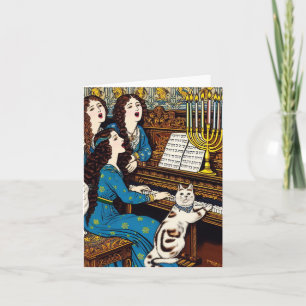 Hanukah women and cats sing around the piano card