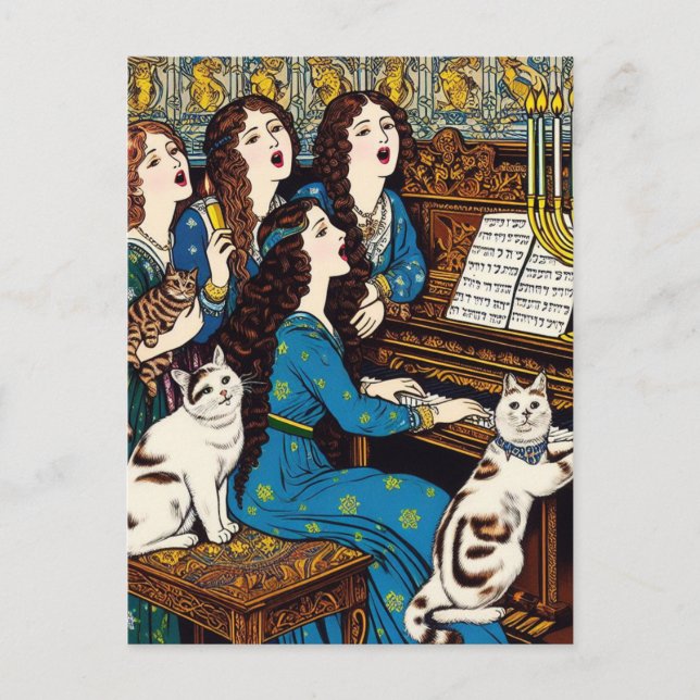 Hanukah women and cats sing around the piano postcard (Front)