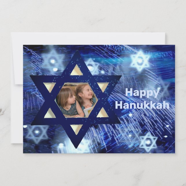 Hanukkah 1 Photo Family Kids Blue Holiday Card (Front)