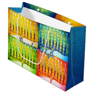 Hanukkah 4 Colorful Menorahs Peace Love Light Large Gift Bag