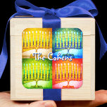 Hanukkah 4 Menorah Yellow Blue Green Red Bold Name Square Sticker<br><div class="desc">A close-up photo of 4 brightly colored artsy menorah photos help you usher in the holiday of Hanukkah. Feel the warmth and joy of the holiday season whenever you use this stunning, colorful Hanukkah sticker. Matching cards, stamps, tote bags, serving trays, and other products are available in my “Hanukkah Colorful,...</div>