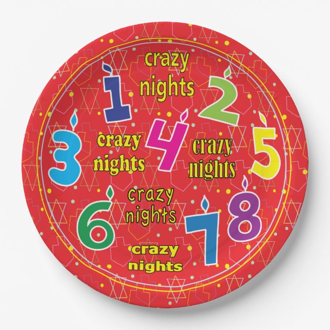 Hanukkah 8 Crazy Nights Red Paper Plates (Front)