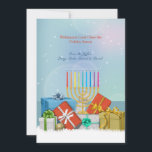 Hanukkah and Christmas Holiday Card<br><div class="desc">Celebrating Hanukkah and Christmas at your house? Here is a holiday card made just for you. It features presents and a menorah with a snowy base and a dazzling background. Menorah by Vecteezy. The card is easy to customize with your wording, font, font color, paper shape options and choice of...</div>