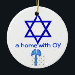 Hanukkah and Christmas Holidays Ceramic Ornament<br><div class="desc">A cute holiday decoration with a sense of humor makes a fun gift for homes combining faiths - Jewish and Christian, Hanukkah and Christmas. The Star of David side says we've got OY and the Santa Claus side says we've got JOY. Coordinating gift wrapped packages have red and blue foil...</div>