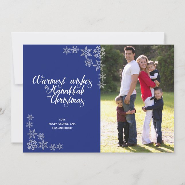 Hanukkah and Christmas Modern Photo Card Blue (Front)