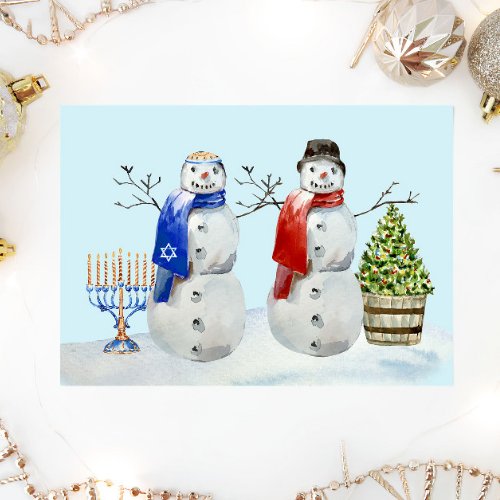 Hanukkah and Christmas Snowman Watercolor Holiday Card