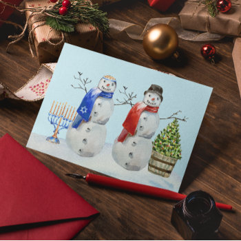 Hanukkah And Christmas Snowman Watercolor  Holiday Postcard by ColorFlowCreations at Zazzle