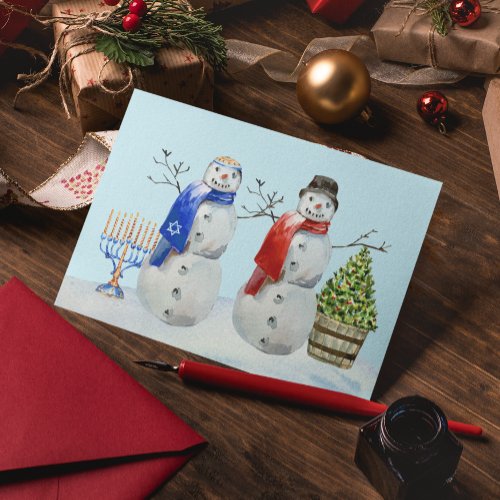 Hanukkah and Christmas Snowman Watercolor  Holiday Postcard