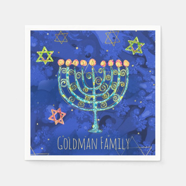 Hanukkah Aqua Menorah Star of David on Blue Napkins (Front)