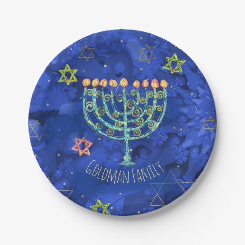 Hanukkah Aqua Menorah Star of David on Blue Paper Plates