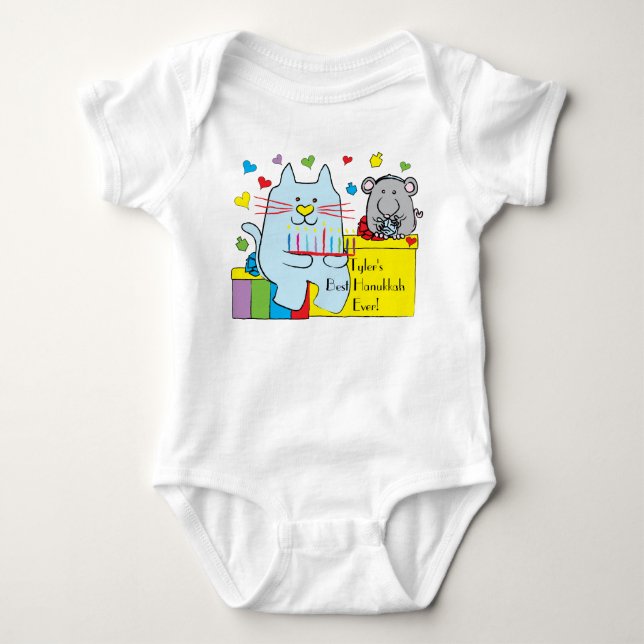 Hanukkah Baby Jersey Body Suit/Blue Cat and Mouse Baby Bodysuit (Front)
