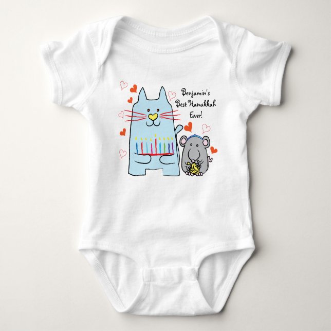 Hanukkah Baby Jersey Body Suit/Blue Cat and Mouse Baby Bodysuit (Front)