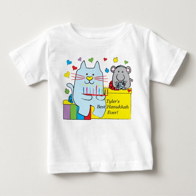 Hanukkah Baby T-Shirt Blue Cat and Mouse (Front)