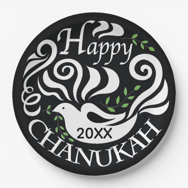 Hanukkah Blackboard Dove Paper Plates (Front)