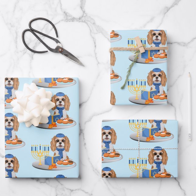 Hanukkah Blenheim Cavalier King Charles Spaniel Wrapping Paper Sheets (Front)