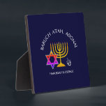 Hanukkah Blessings | BARUCH ATAH ADONAI | Chanukah Plaque<br><div class="desc">Stylish, modern HANUKKAH plaque. Design shows a gold colored MENORAH with multicolored STAR OF DAVID and silver gray DREIDEL. At the top there is curved text which says BARUCH ATAH, ADONAI (Blessed are You, O God) and underneath the text reads HANUKKAH BLESSINGS. ALL TEXT IS CUSTOMIZABLE, so you can personalize...</div>
