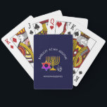Hanukkah Blessings | BARUCH ATAH ADONAI | Chanukah Poker Cards<br><div class="desc">Stylish, modern HANUKKAH playing cards. Design shows a gold colored MENORAH with multicolored STAR OF DAVID and silver gray DREIDEL. At the top there is curved text which says BARUCH ATAH, ADONAI (Blessed are You, O God) and underneath the text reads HANUKKAH BLESSINGS. ALL TEXT IS CUSTOMIZABLE, so you can...</div>