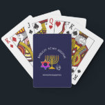Hanukkah Blessings | BARUCH ATAH ADONAI | Chanukah Poker Cards<br><div class="desc">Stylish, modern HANUKKAH playing cards. Design shows a gold colored MENORAH with multicolored STAR OF DAVID and silver gray DREIDEL. At the top there is curved text which says BARUCH ATAH, ADONAI (Blessed are You, O God) and underneath the text reads HANUKKAH BLESSINGS. ALL TEXT IS CUSTOMIZABLE, so you can...</div>