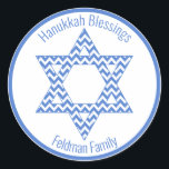 Hanukkah Blessings - Blue Chevron Star of David Classic Round Sticker<br><div class="desc">NewParkLane - Elegant wrapping paper,  with a blue chevron patterned Star of David,  and 'Hanukkah Blessings'! Add your own Family name or other personal wishes in the easy to use text template. All text styles and colors can be altered.

Check out this collection for matching items.</div>