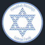 Hanukkah Blessings - Blue Chevron Star of David Classic Round Sticker<br><div class="desc">NewParkLane - Elegant wrapping paper,  with a blue chevron patterned Star of David,  and 'Hanukkah Blessings'! Add your own Family name or other personal wishes in the easy to use text template. All text styles and colors can be altered.

Check out this collection for matching items.</div>
