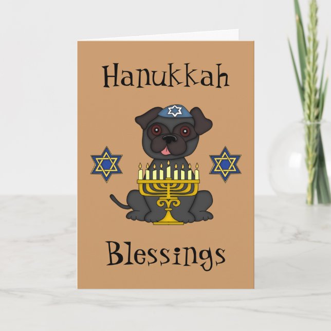 Hanukkah Blessings-Cute Pug with Menorah Holiday Card (Front)