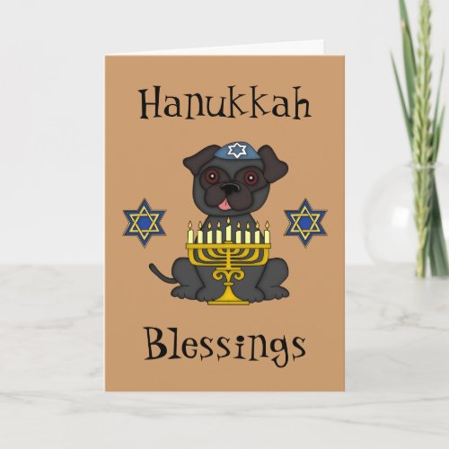 Hanukkah Blessings_Cute Pug with Menorah Holiday Card