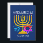 HANUKKAH BLESSINGS | From Our Home To Yours Holiday Card<br><div class="desc">Modern, stylish HANUKKAH BLESSINGS Greeting Card, designed with large menorah (hanukkiyah) at the centre, and blue dreidel and colorful Star of David on either side. Text reads HANUKKAH BLESSINGS and FROM OUR HOME TO YOURS. Both of these are CUSTOMIZABLE so you can personalize with your own message, add your name...</div>