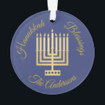 Hanukkah Blessings Gold Menorah Personalized Ornament<br><div class="desc">Add your name to this midnight blue Hanukkah Blessings ornament with a modern style gold Menorah and elegant gold tone text for a one of a kind personalized keepsake. This simple Menorah graphic is my original design with a pattern of dots on the base barely lighter candles in gold tones....</div>