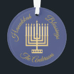 Hanukkah Blessings Gold Menorah Personalized Ornament<br><div class="desc">Add your name to this midnight blue Hanukkah Blessings ornament with a modern style gold Menorah and elegant gold tone text for a one of a kind personalized keepsake. This simple Menorah graphic is my original design with a pattern of dots on the base barely lighter candles in gold tones....</div>