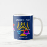 Hanukkah Blessings Monogram Coffee Mug<br><div class="desc">Modern, stylish HANUKKAH BLESSINGS coffee mug, designed with large menorah (hanukkiyah) at the center, and blue dreidel and colorful Star of David on either side. Text reads HANUKKAH BLESSINGS and FROM OUR HOME TO YOURS. Both of these are CUSTOMIZABLE so you can customize with your own message, add your name...</div>
