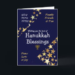 HANUKKAH BLESSINGS Peace Love Joy Stars HEBREW Holiday Card<br><div class="desc">Stylish blue and gold HANUKKAH GREETING CARD to wish your family and friends a Happy Hanukkah, which says WISHING YOU THE BEST OF HANUKKAH BLESSINGS in white typography with FAMILY, FRIENDS & FUN and PEACE, LOVE & JOY in gold colored typography in the corners. PEACE, LOVE, JOY is also written...</div>