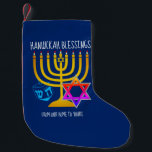 HANUKKAH BLESSINGS SMALL CHRISTMAS STOCKING<br><div class="desc">Modern, stylish HANUKKAH BLESSINGS Greeting Card, designed with large menorah (hanukkiyah) at the center, and blue dreidel and colorful Star of David on either side. Text reads HANUKKAH BLESSINGS and FROM OUR HOME TO YOURS. Both of these are CUSTOMIZABLE so you can customize with your own message, or add your...</div>