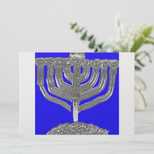 Hanukkah blue and silver antique menorah holiday card