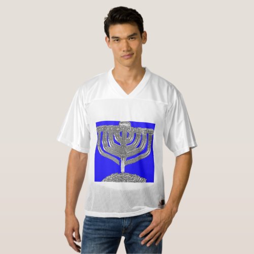 Hanukkah blue and silver antique menorah  mens football jersey