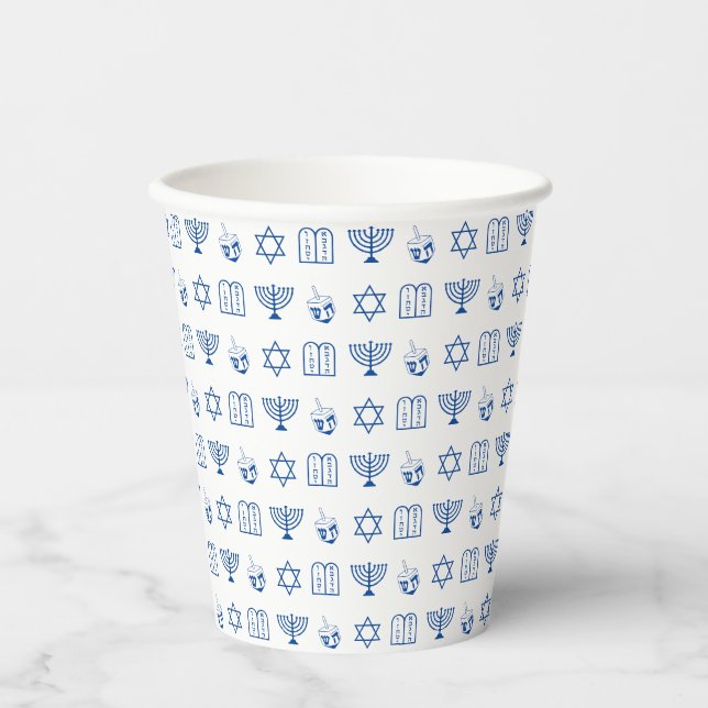 Hanukkah blue and white jewish holiday pattern paper cups (Front)