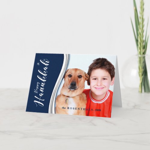 Hanukkah Blue and White with Your Photo and Name Holiday Card
