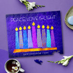 Hanukkah Blue Boho Candle Pattern Peace Love Light Jigsaw Puzzle<br><div class="desc">“Peace, love & light.” A playful, modern, artsy illustration of boho pattern candles in a menorah helps you usher in the holiday of Hanukkah. Assorted blue candles with colorful faux foil patterns overlay a rich, deep blue textured background. Feel the warmth and joy of the holiday season whenever you use...</div>