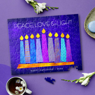 Hanukkah Blue Boho Candle Pattern Peace Love Light Jigsaw Puzzle