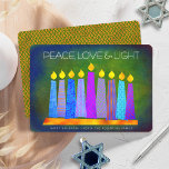 Hanukkah Blue Boho Candles Green Peace Love Light Holiday Card<br><div class="desc">“Peace, love & light.” A playful, modern, artsy illustration of boho pattern candles in a menorah helps you usher in the holiday of Hanukkah. Assorted blue candles with colorful faux foil patterns overlay a rich, deep green textured background. Faux copper pattern foil on a green background for the reverse side....</div>