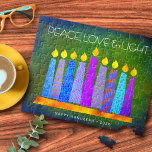 Hanukkah Blue Boho Candles Green Peace Love Light Jigsaw Puzzle<br><div class="desc">“Peace, love & light.” A playful, modern, artsy illustration of boho pattern candles in a menorah helps you usher in the holiday of Hanukkah. Assorted blue candles with colorful faux foil patterns overlay a rich, deep green textured background. Feel the warmth and joy of the holiday season whenever you use...</div>