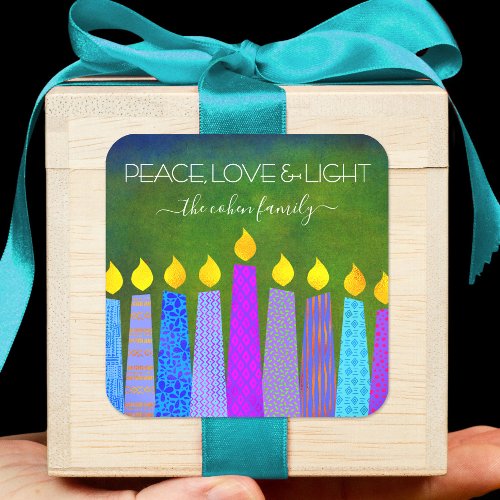 Hanukkah Blue Boho Candles Green Peace Love Light Square Sticker