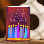 Hanukkah Blue Boho Candles on Red Peace Love Light Holiday Card<br><div class="desc">“Peace, love & light.” A playful, modern, artsy illustration of boho pattern candles in a menorah helps you usher in the holiday of Hanukkah. Assorted blue candles with colorful faux foil patterns overlay a rich, deep burnt red orange textured background. Feel the warmth and joy of the holiday season whenever...</div>