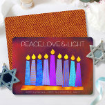 Hanukkah Blue Boho Candles on Red Peace Love Light Holiday Card<br><div class="desc">“Peace, love & light.” A playful, modern, artsy illustration of boho pattern candles in a menorah helps you usher in the holiday of Hanukkah. Assorted blue candles with colorful faux foil patterns overlay a rich, deep burnt red orange textured background. Faux copper pattern foil on a brick red background for...</div>