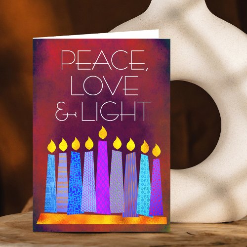 Hanukkah Blue Boho Candles on Red Peace Love Light Holiday Card