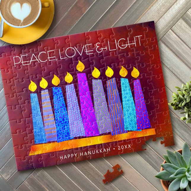 Hanukkah Blue Boho Candles on Red Peace Love Light Jigsaw Puzzle (Choose from 3 colors!)