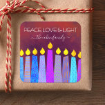 Hanukkah Blue Boho Candles Red Peace Love Light Square Sticker<br><div class="desc">“Peace, love & light.” A playful, modern, artsy illustration of boho pattern candles helps you usher in the holiday of Hanukkah. Assorted blue candles with colorful faux foil patterns overlay a rich, deep burnt red orange textured background. Feel the warmth and joy of the holiday season whenever you use this...</div>