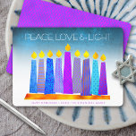 Hanukkah Blue Boho Candles Turquoise Peace Love Holiday Card<br><div class="desc">“Peace, love & light.” A playful, modern, artsy illustration of boho pattern candles in a menorah helps you usher in the holiday of Hanukkah. Assorted blue candles with colorful faux foil patterns overlay a turquoise gradient to white textured background. Faux hot pink purple pattern foil on a cornflower blue background...</div>
