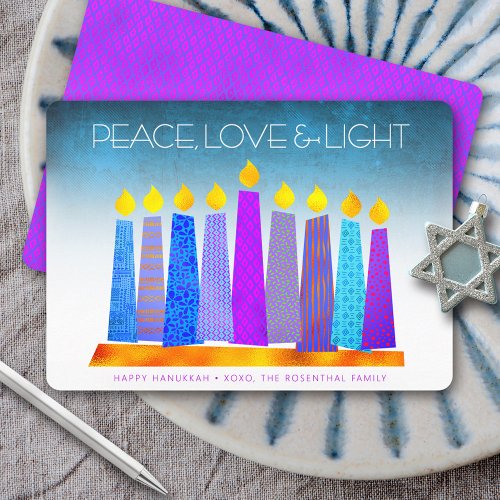 Hanukkah Blue Boho Candles Turquoise Peace Love Holiday Card