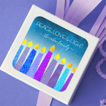 Hanukkah Blue Boho Candles Turquoise Peace Love Square Sticker<br><div class="desc">“Peace, love & light.” A playful, modern, artsy illustration of boho pattern candles helps you usher in the holiday of Hanukkah. Assorted blue candles with colorful faux foil patterns overlay a turquoise gradient to white textured background. Feel the warmth and joy of the holiday season whenever you use this stunning,...</div>