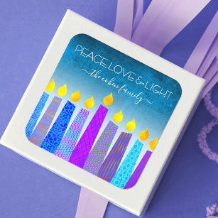 Hanukkah Blue Boho Candles Turquoise Peace Love Square Sticker